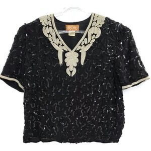For You Sequin Beaded Blouse Womens 1X Black Silk Short Sleeve Party Top
